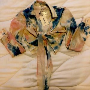 Tie Dye Long Sleeve Tie Up Blouse